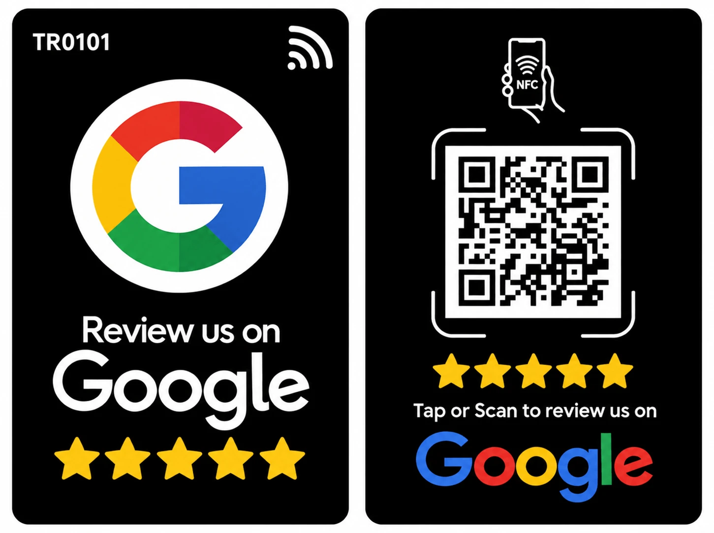 Front and back views of the black TapReview NFC and QR cards
